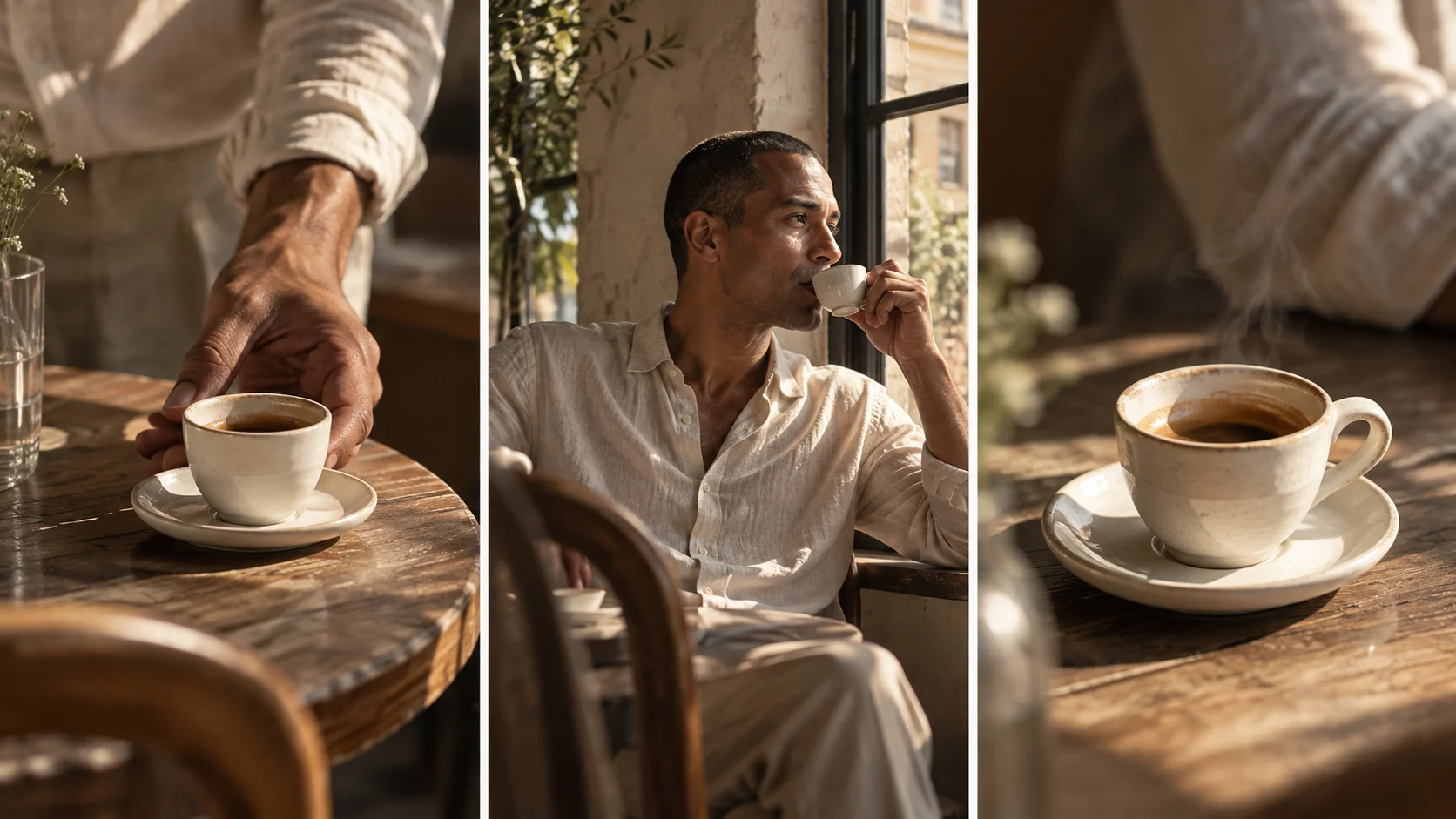 Sequência original: a xícara chega à mesa, um homem aproveita seu café e o detalhe da bebida à luz da tarde